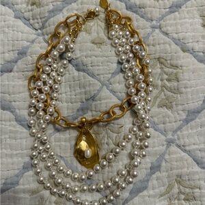 Multi-Strand Pearl and Gold Pendant Necklace